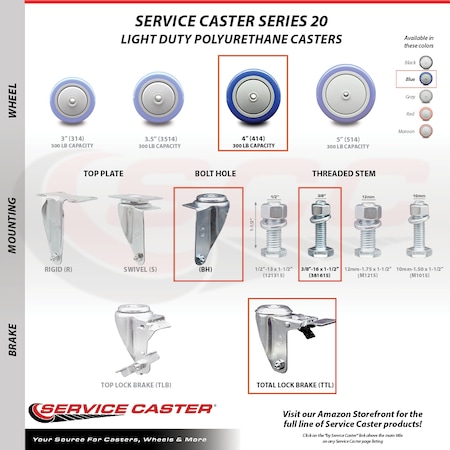 Service Caster 4 Inch Blue Polyurethane Swivel 3/8 Inch Stem Caster Total Lock Brake SCC, 2PK SCC-TSTTL20S414-PPUB-BLUE-381615-2S2